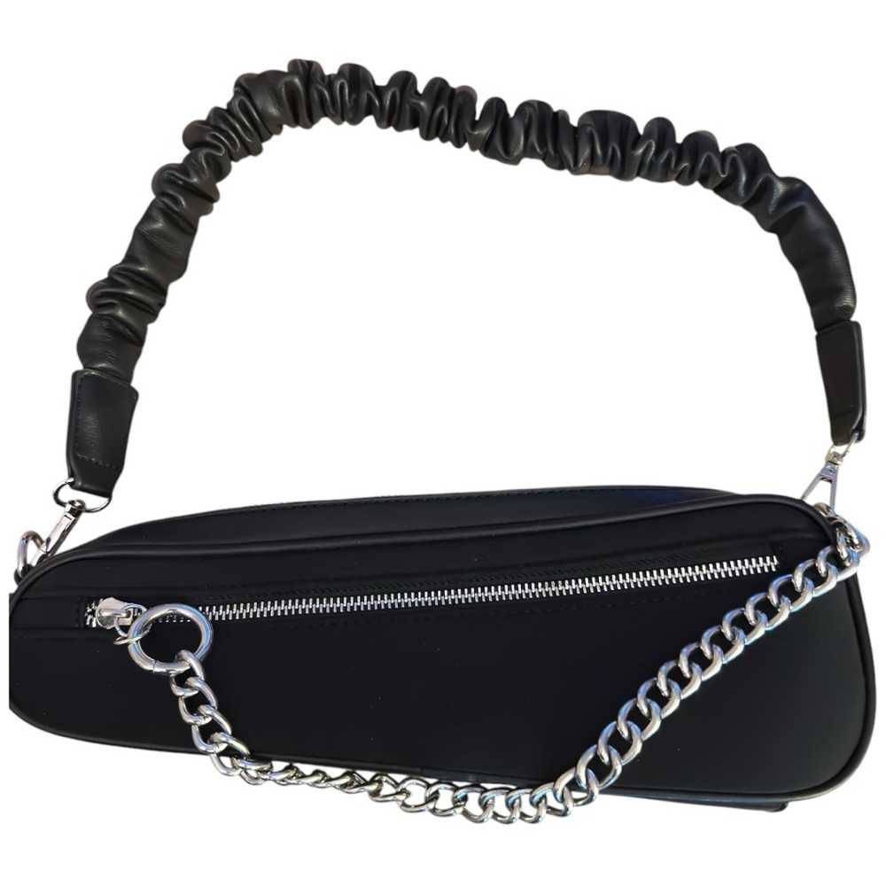 AKIRA Black Asymmetrical Chained Ruffle Shoulder Bag - Picture 6 of 12